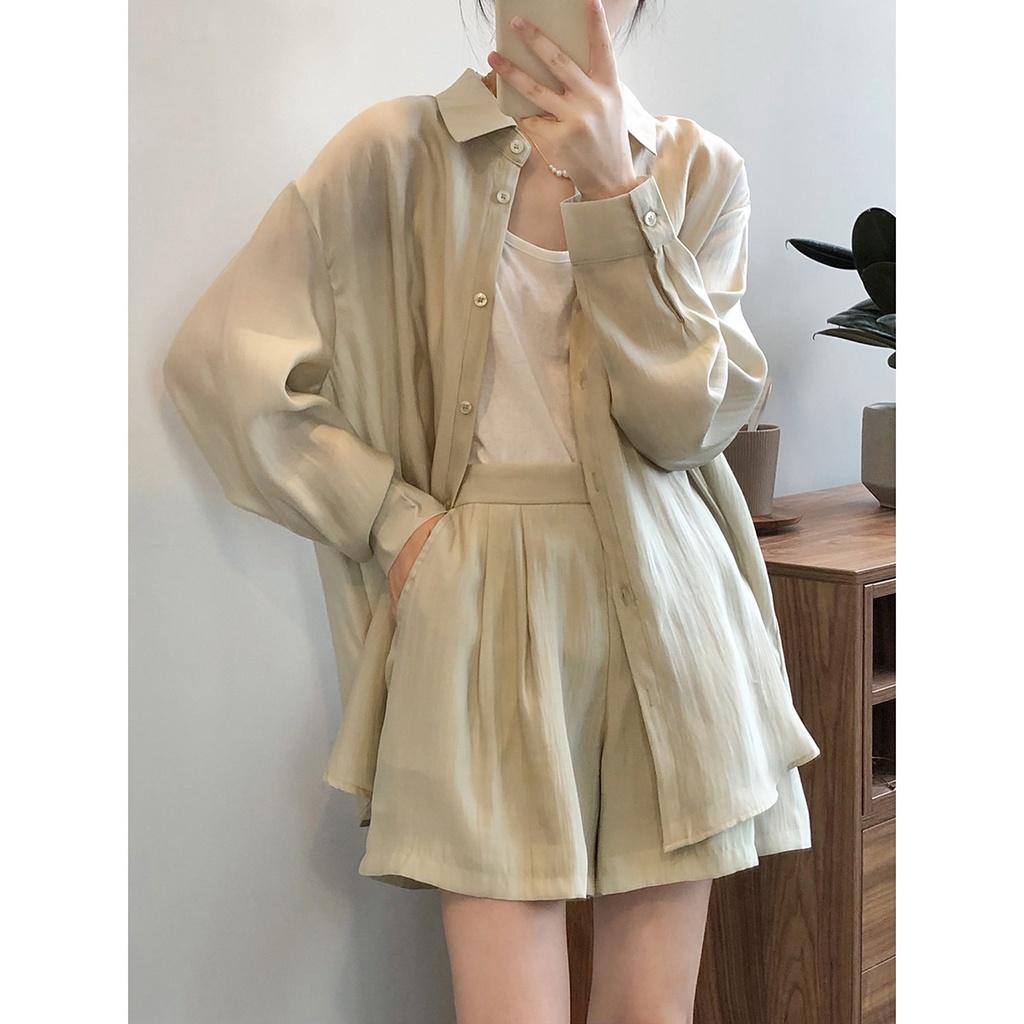 DANDT 垂感透氣防曬衫套裝女2023夏季寬鬆薄款襯衫闊腿短褲女80573(23 JUN Ian) 歐美服飾