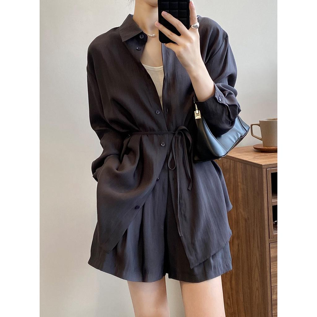 DANDT 垂感透氣防曬衫套裝女2023夏季寬鬆薄款襯衫闊腿短褲女80573(23 JUN Ian) 歐美服飾