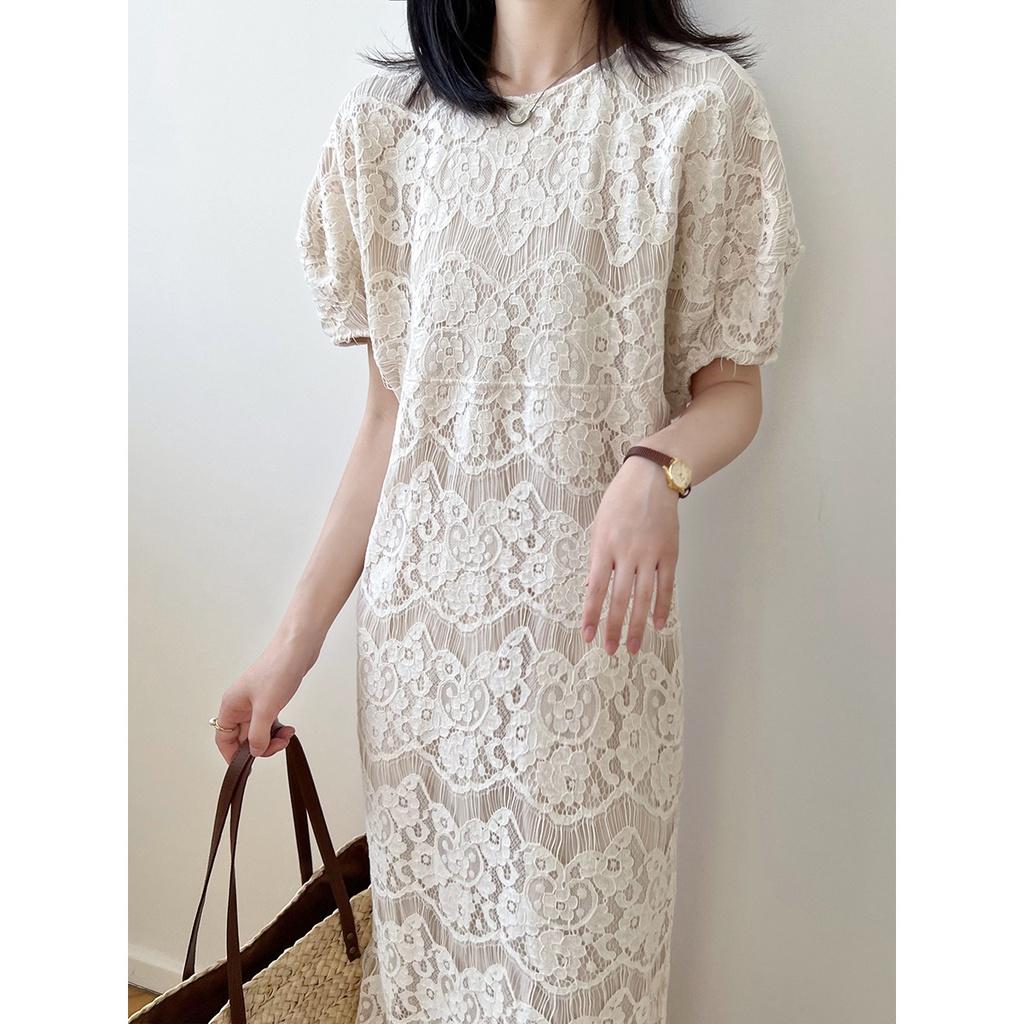 DANDT法式蕾絲刺綉連衣裙女2023夏季圓領泡泡袖中長款裙子80529(23 JUN Ian) 歐美服飾
