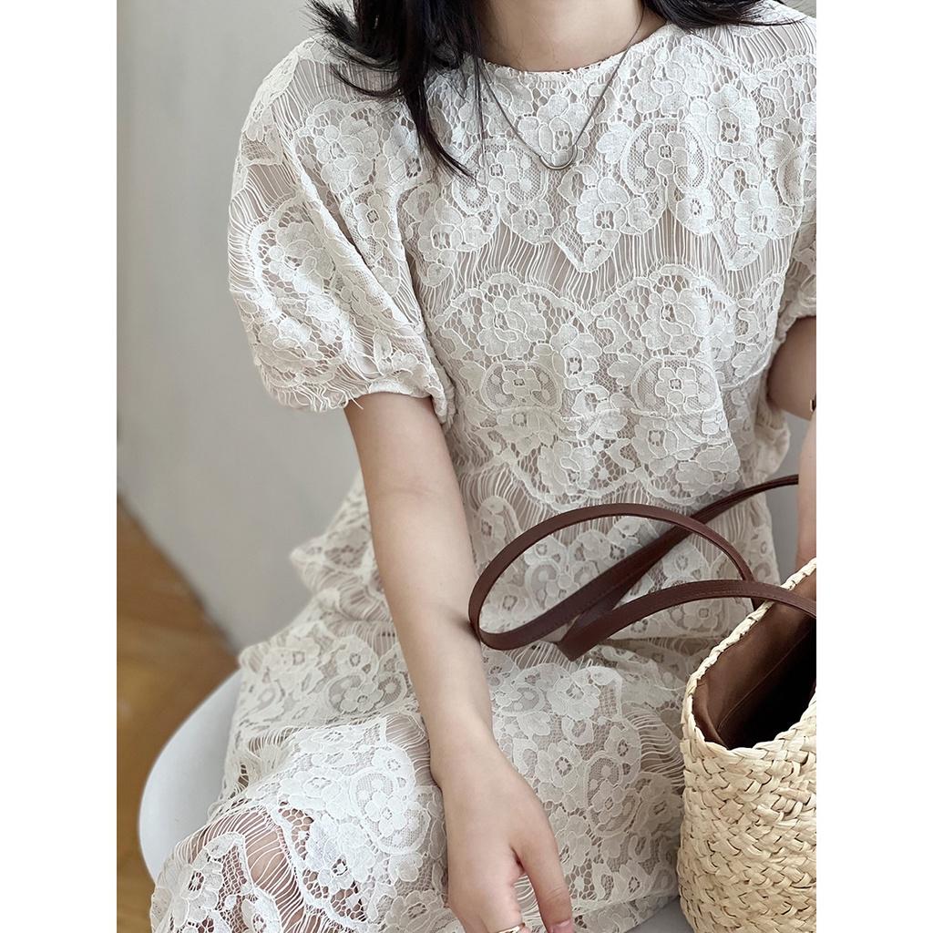 DANDT法式蕾絲刺綉連衣裙女2023夏季圓領泡泡袖中長款裙子80529(23 JUN Ian) 歐美服飾
