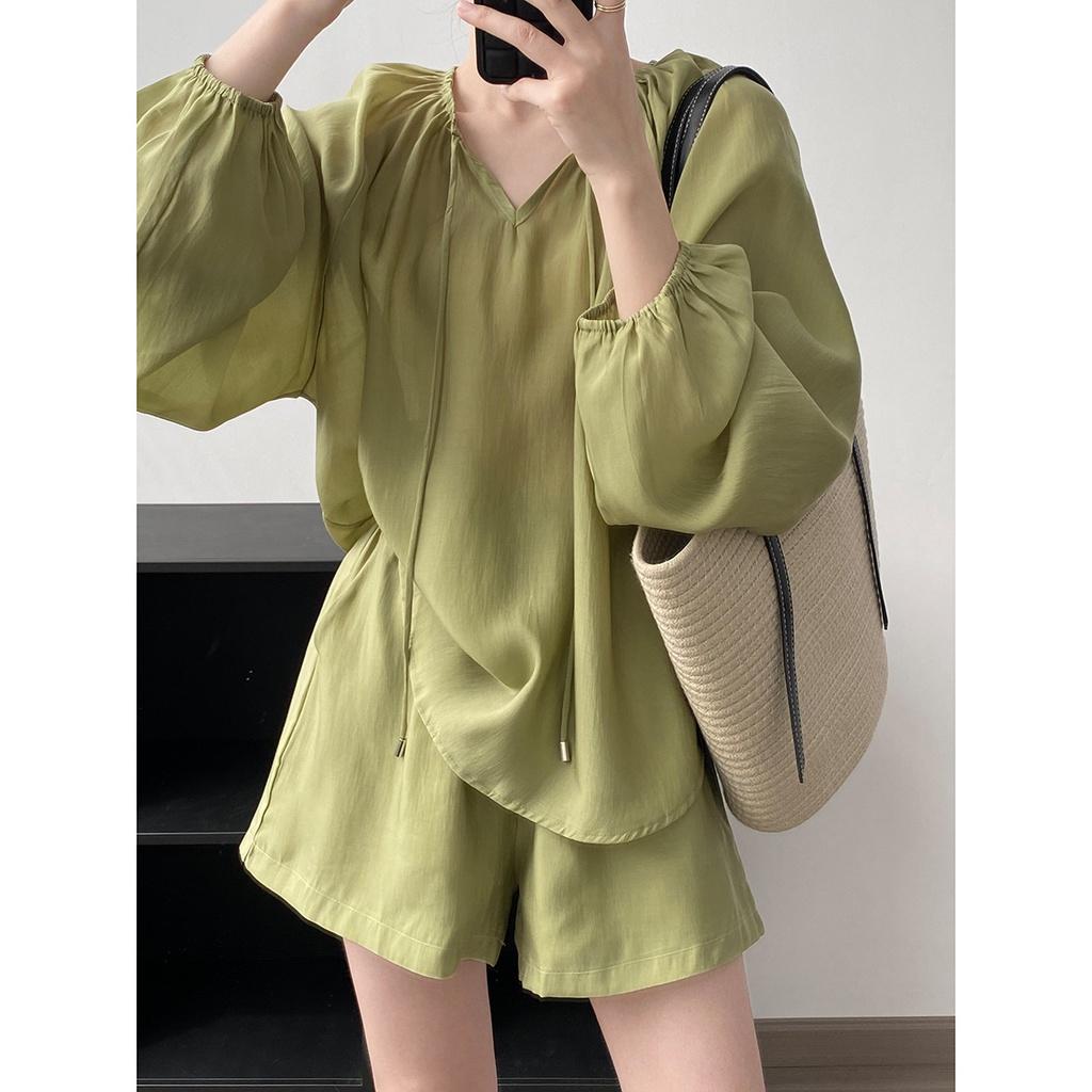 DANDT套裝女薄款防曬2023夏季系帶長袖襯衫闊腿短褲兩件套80753(23 JUN Ian) 歐美服飾