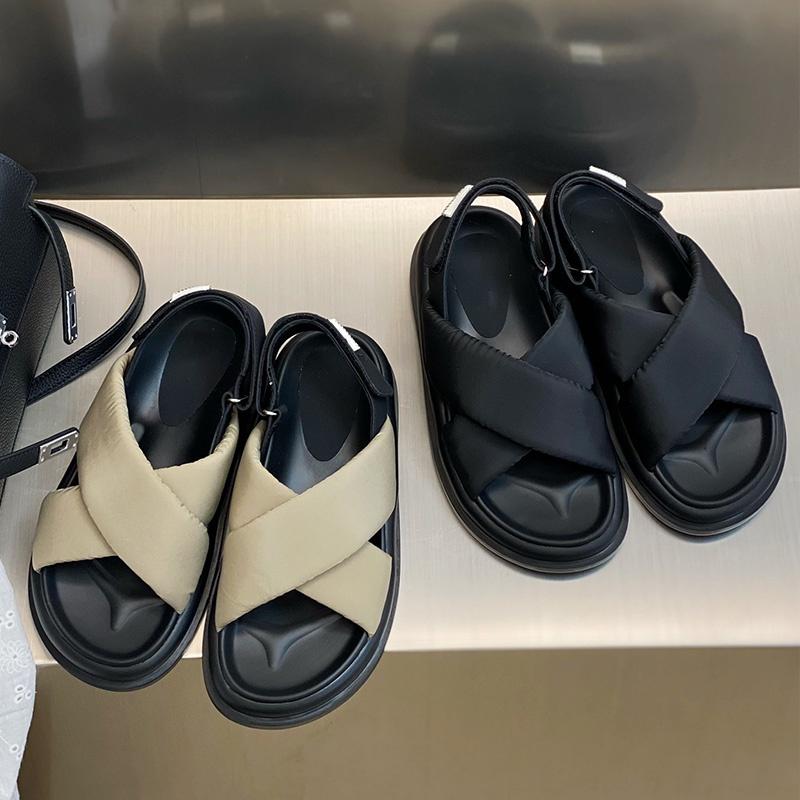 DANDT 厚底交叉帶涼鞋女夏外穿2023新款休閑百搭露趾魔術貼軟底羅馬鞋潮(23 JUN YEL) 華流女鞋