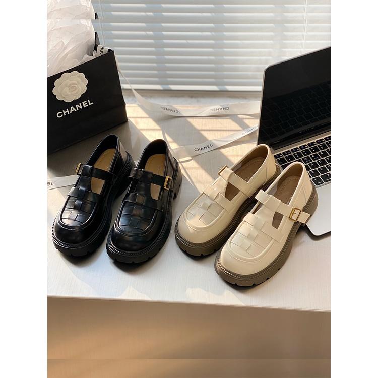 DANDT 真皮瑪麗珍女鞋樂福鞋平底單鞋小皮鞋2023春季新款編織復古學院風(23 JUN YEL) 華流女鞋