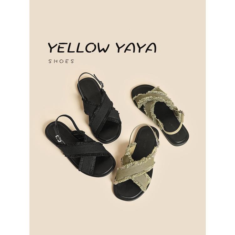 DANDT 涼鞋女夏平底2023新款流蘇仙女風黑色簡約潮交叉帶休閑沙灘鞋防滑(23 JUN YEL) 華流女鞋