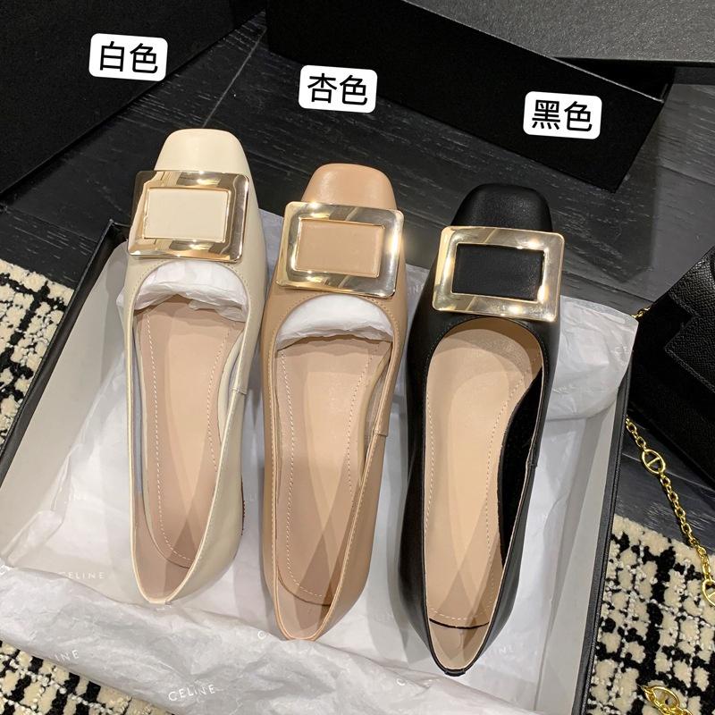 DANDT 韓版chic金屬方扣里外全皮平底鞋2023春季方頭質感牛皮淺口單鞋女(23 JUN BSH) 歐美女鞋