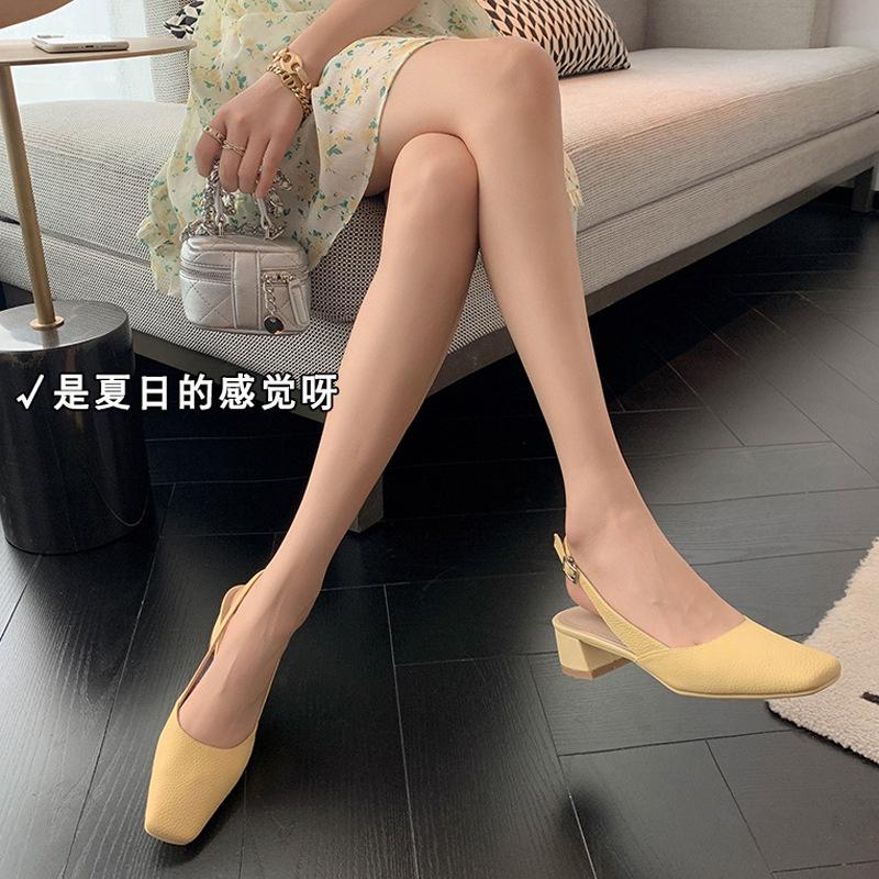 DANDT 荔枝紋牛皮韓版東大門2022春夏新款粗中跟純色全皮包頭后空涼鞋女(23 JUN BSH) 歐美女鞋