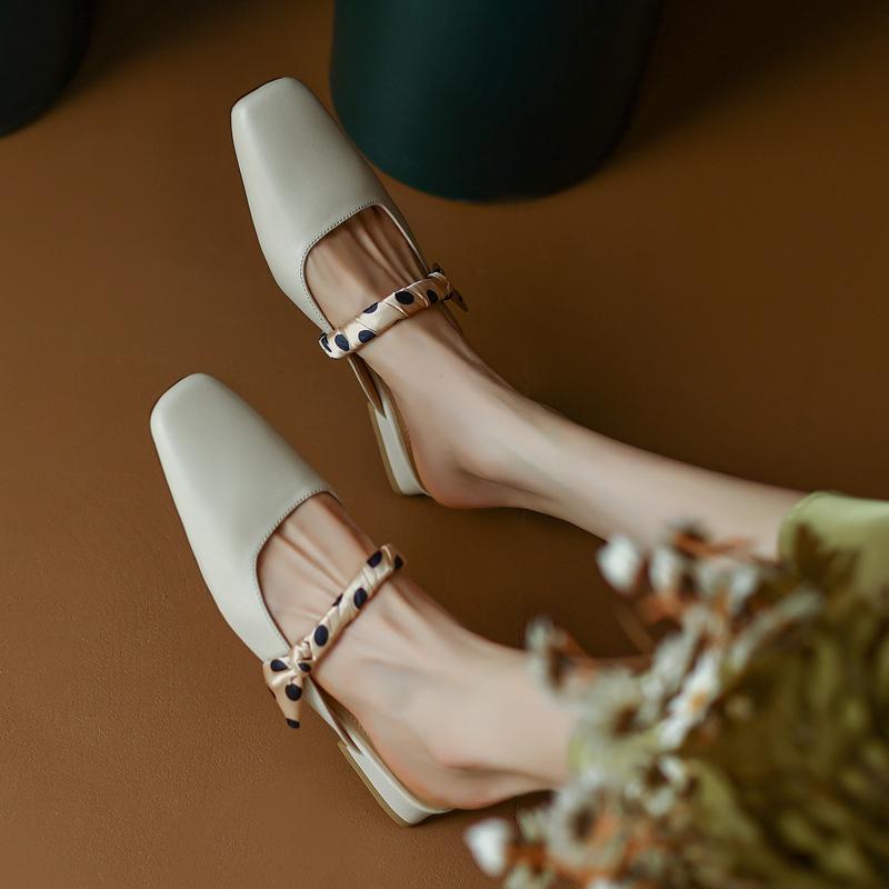 DANDT 大小碼可退全皮外穿穆勒拖鞋2022夏季低跟絲帶牛皮包頭后空涼鞋女(23 JUN BSH) 歐美女鞋