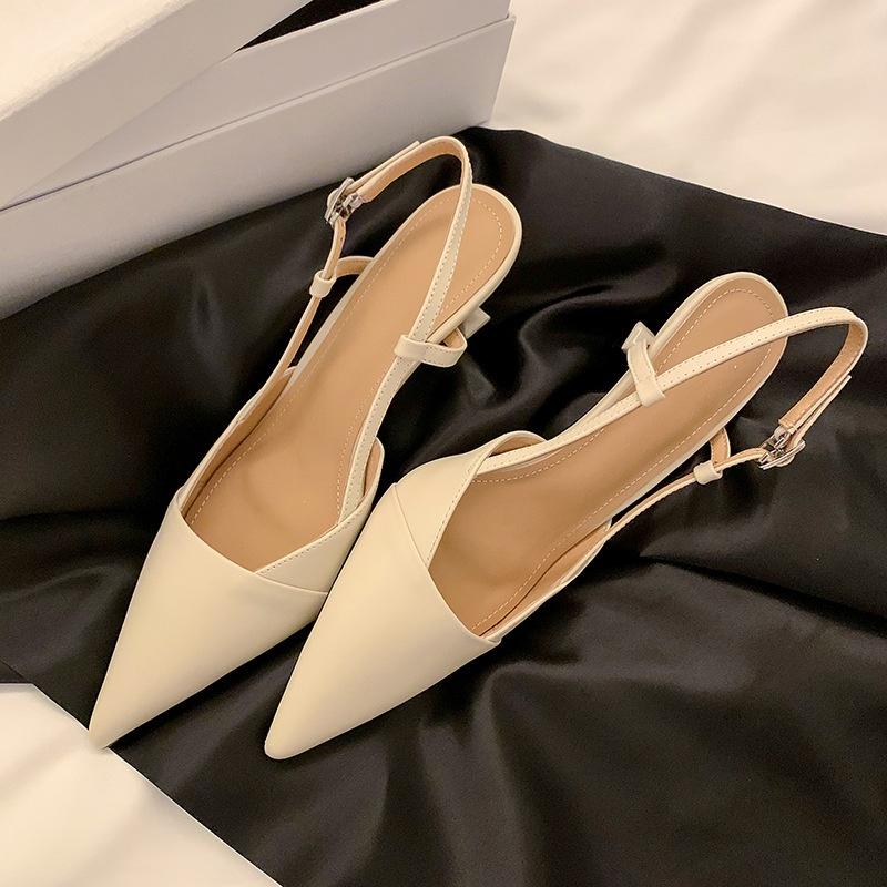 DANDT 33-40大小碼可退全皮通勤2023夏季細中跟尖頭牛皮包頭后空涼鞋女(23 JUN BSH) 歐美女鞋