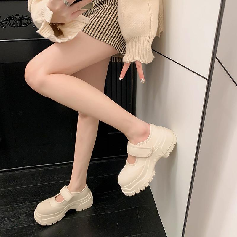 DANDT 舒適顯高又百搭休閒風瑪麗珍小白鞋2023厚底高跟魔術貼牛皮單鞋女(23 JUN BSH) 歐美女鞋