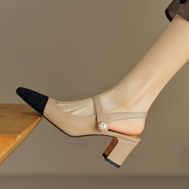 DANDT 溫柔百搭拼色全皮珍珠后空瑪麗珍2023春夏粗高跟牛皮方包頭涼鞋女(23 JUN BSH) 歐美女鞋