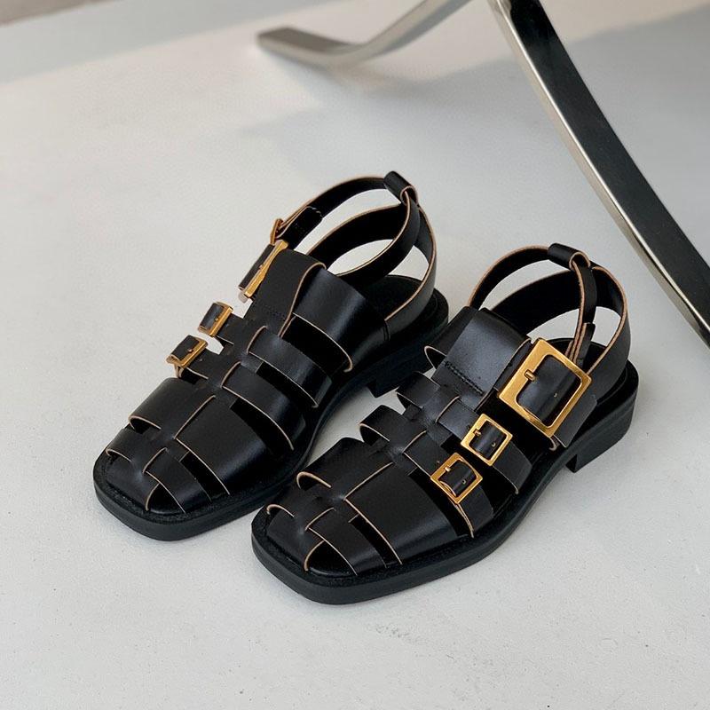 DANDT 夏季新款女鞋牛皮編織涼鞋金屬扣鏤空方頭羅馬涼鞋包頭后空(23 JUN SIN) 外銷女鞋