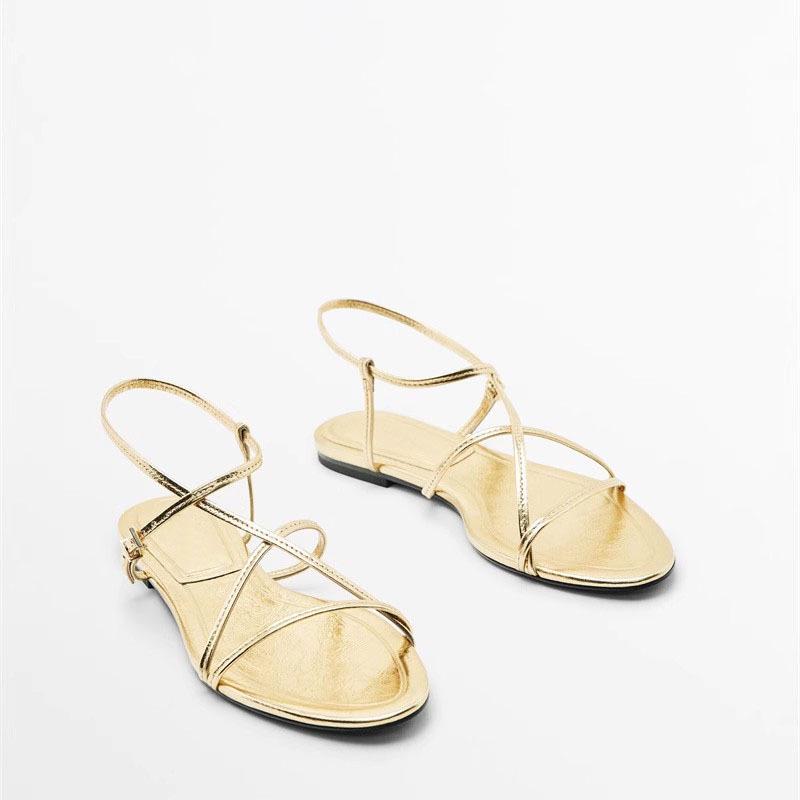 DANDT 2023夏季新款女鞋羊皮細帶平底時裝涼鞋金色一字帶羅馬沙灘鞋女(23 JUN SIN) 外銷女鞋