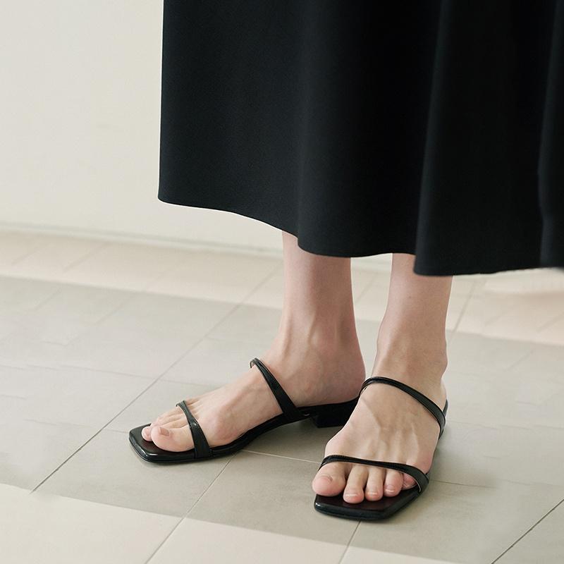 DANDT 2023夏新款方頭平底涼拖鞋女百搭簡約真皮一字帶仙女風涼鞋女外穿(23 JUL TANIN)歐美女鞋