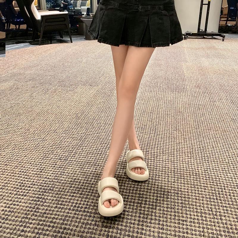 DANDT 真皮厚底露趾外穿拖鞋涼鞋女夏面包鞋小個子增高松糕鞋羅馬沙灘鞋(23 JUL TA NIN)歐美女鞋