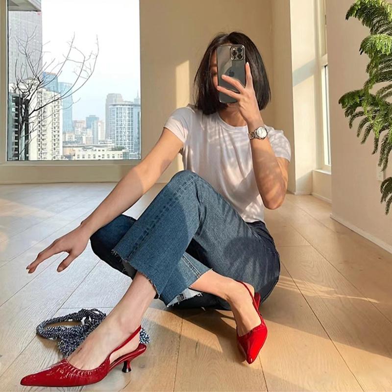DANDT 23夏季新款小貓跟細跟涼鞋尖頭百搭真皮包頭后空單鞋仙女風女外穿(23 JUL TA NIN)歐美女鞋