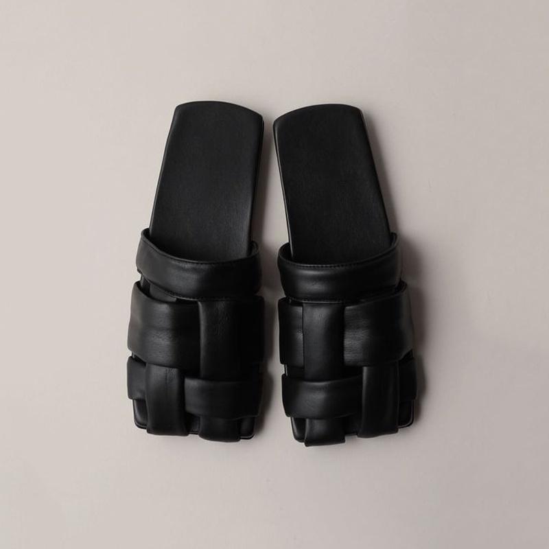 DANDT 編織包頭拖鞋2023夏季新款方頭復古平底涼拖鞋法式休閑真皮涼鞋女(23 JUL TA NIN)歐美女鞋