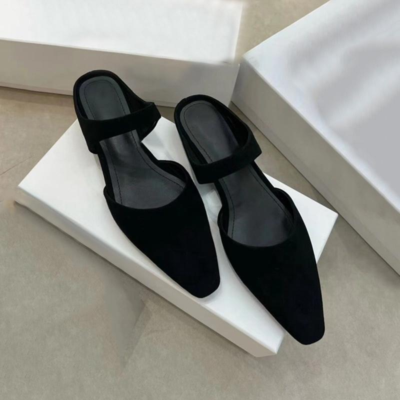 DANDT 新款黑色尖頭半拖平底包頭涼拖鞋單鞋女復古百搭真皮一字拖涼鞋女(23 JUL TA NIN)歐美女鞋