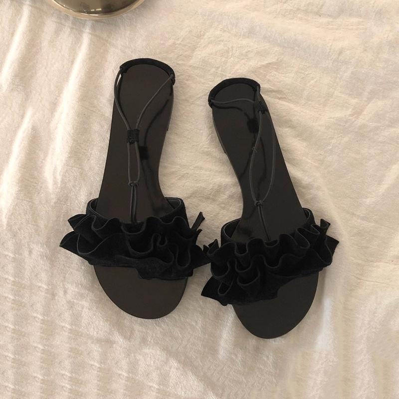 DANDT 2023夏季新款百搭復古花朵涼拖鞋女簡約一字褶皺真皮平底露趾涼鞋(23 JUL TA NIN)歐美女鞋