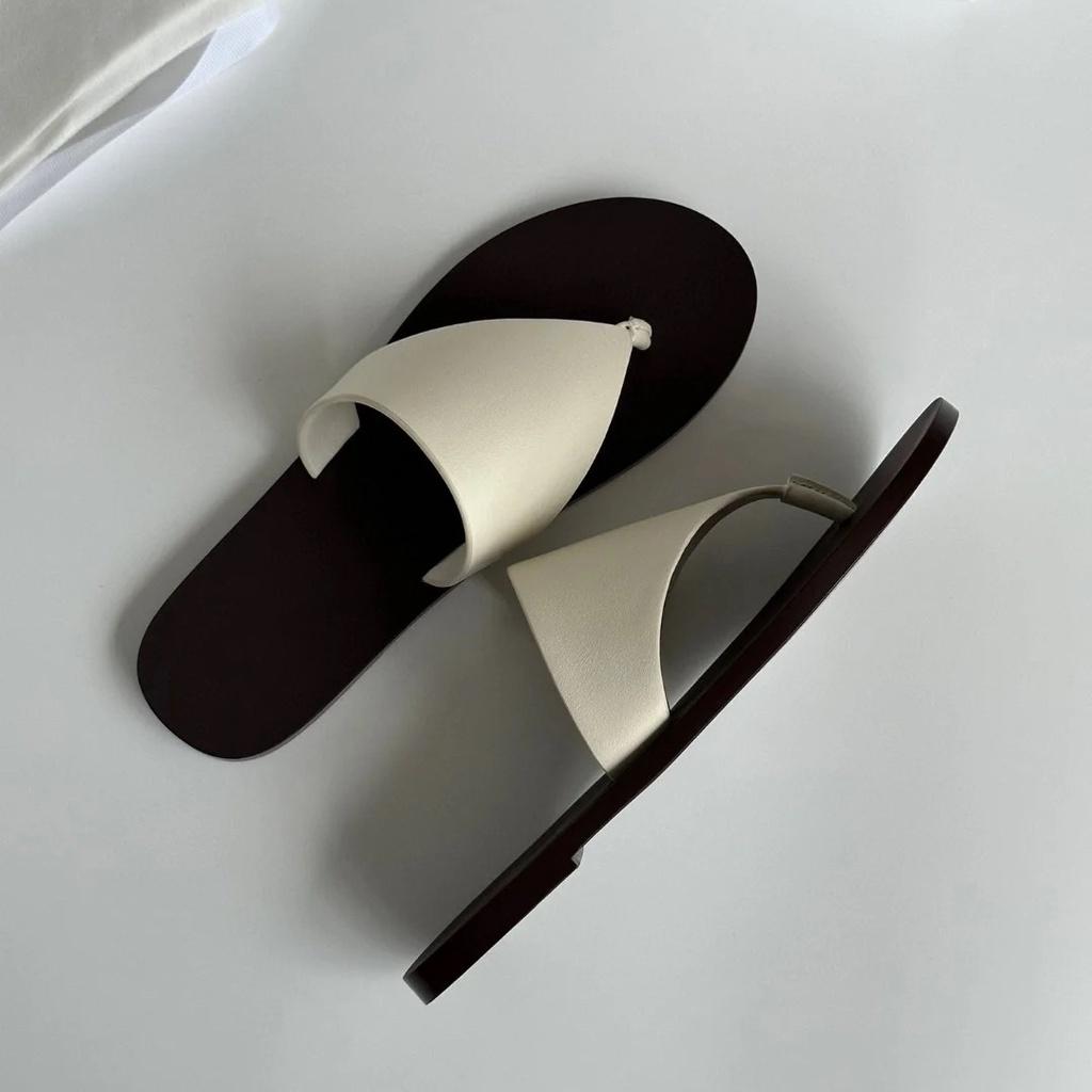 DANDT 真皮人字拖新款牛皮簡約三角夾趾平底拖鞋女夏高級感夾腳半拖涼鞋(23 JUL TA NIN)歐美女鞋