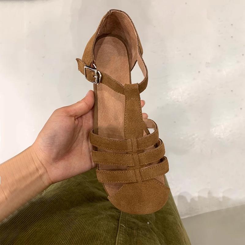 DANDT 23韓版夏季新款復古百搭圓頭鏤空真皮舒適平底包頭編織羅馬涼鞋女(23 JUL TA NIN)歐美女鞋