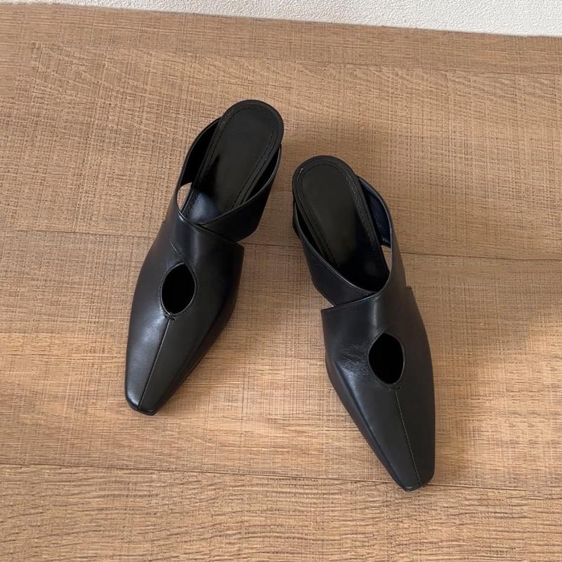 DANDT 23韓版夏季新款小方頭粗跟百搭真皮涼拖鞋中高跟包頭半拖鞋涼鞋女(23 JUL TA NIN)歐美女鞋