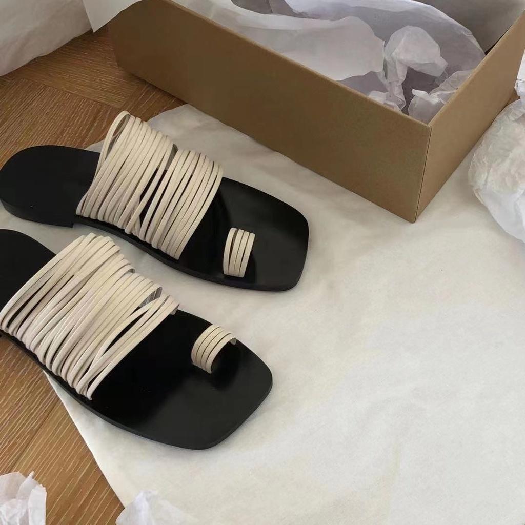 DANDT 小眾設計感方頭面條鏤空套趾平底拖鞋夏季新款女拼色休閑真皮涼鞋(23 JUL TA NIN)歐美女鞋