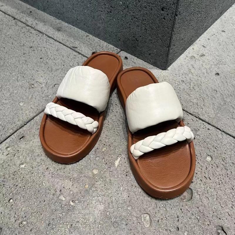 DANDT 23夏季編織厚底涼拖鞋女復古百搭真皮平底一字休閑露趾涼鞋女外穿(23 JUL TA NIN)歐美女鞋