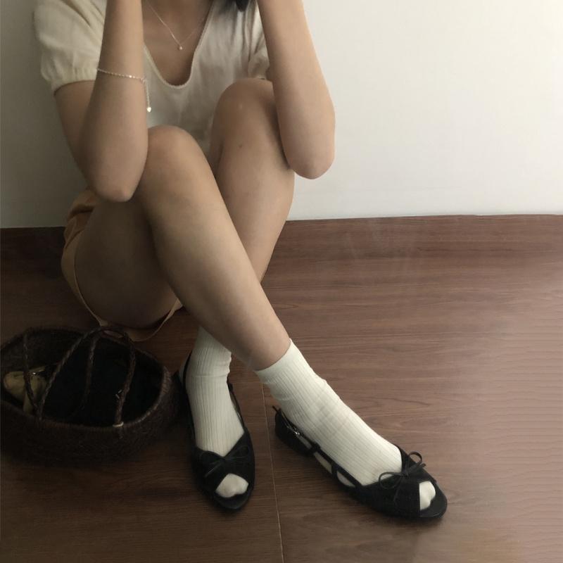 DANDT 韓版2023夏季新款絨面露趾簡約百搭休閑真皮平底復古蝴蝶結涼鞋女(23 JUL TA NIN)歐美女鞋