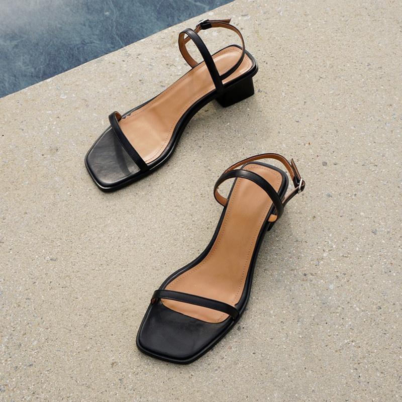 DANDT 2023夏季新款復古簡約方頭粗跟細帶露趾方跟休閑百搭一字帶涼鞋女(23 JUL TA NIN)歐美女鞋