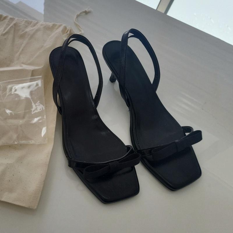 DANDT 夏季2023蝴蝶結小貓跟涼拖鞋女細跟高跟方頭露趾真皮一字帶涼鞋女(23 JUL TA NIN)歐美女鞋