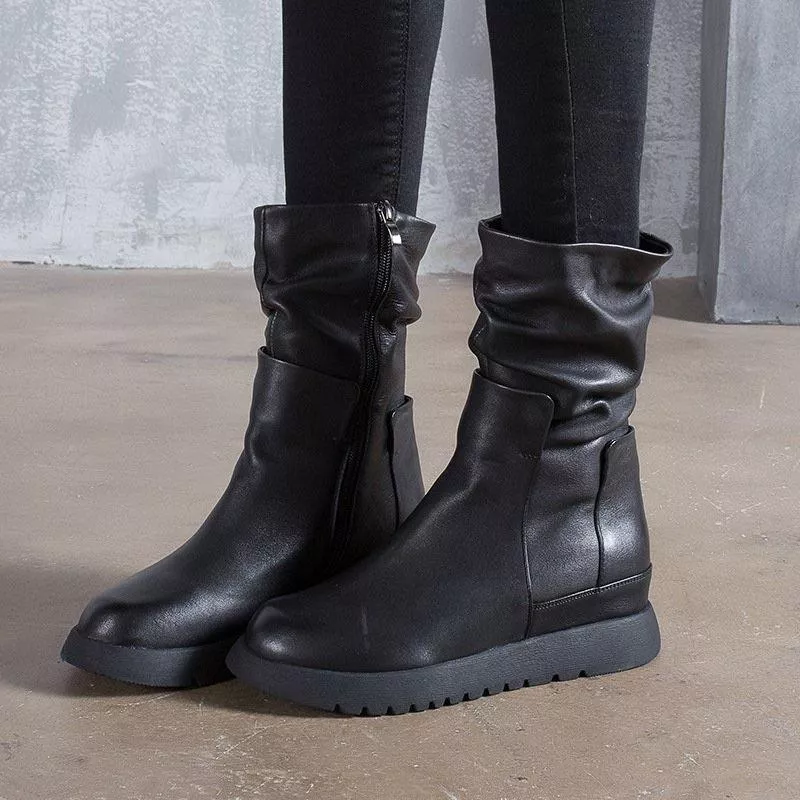 真皮短靴 現貨在台 DANDT 質感牛皮皺褶拉鍊短靴