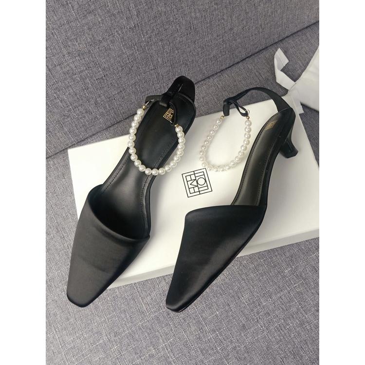 DANDT2023春夏新款珍珠涼鞋INS包頭穆勒鞋女貓跟黑色真絲單鞋(23 JUL TRA) 外銷女鞋