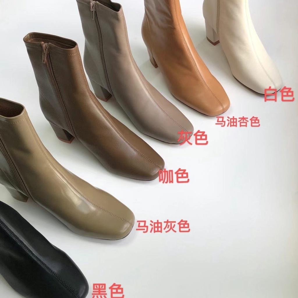 DANDT2022秋冬新款單層真牛皮方頭粗跟經典百搭側拉鏈時尚新款軟底短靴(23 JUL TRA) 外銷女鞋