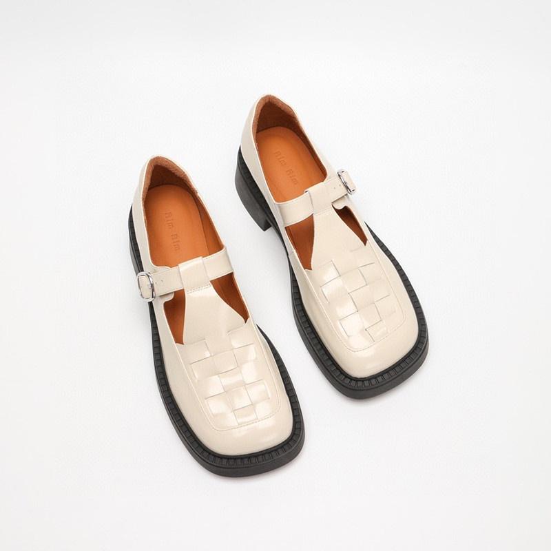 DANDT2023春季新款手工編織真牛皮復古厚底瑪麗珍樂福鞋小眾簡約女單鞋(23 JUL TRA) 外銷女鞋