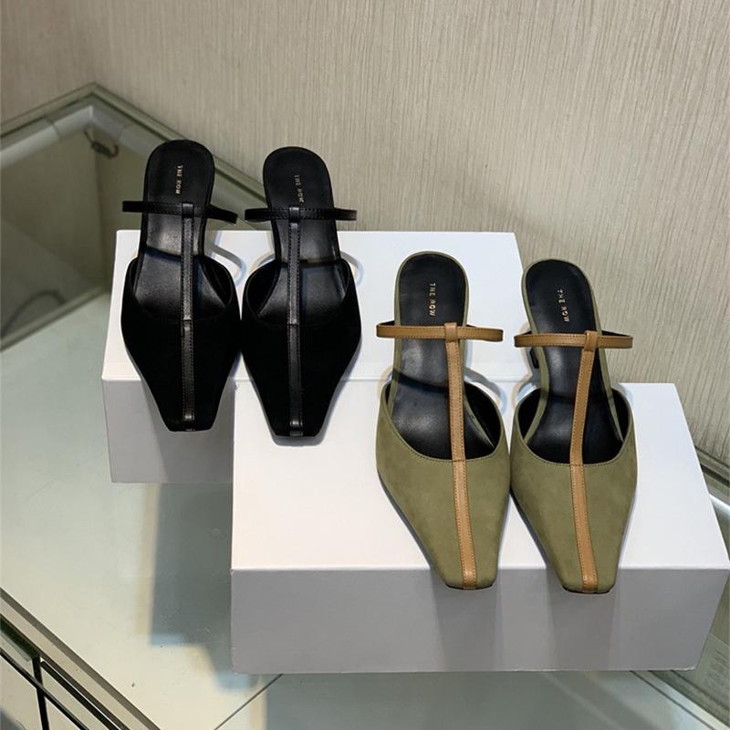 DANDT新款高跟T字絆帶真皮包頭涼鞋舒適百搭穆勒拖單鞋涼拖女夏(23 JUL TRA) 外銷女鞋