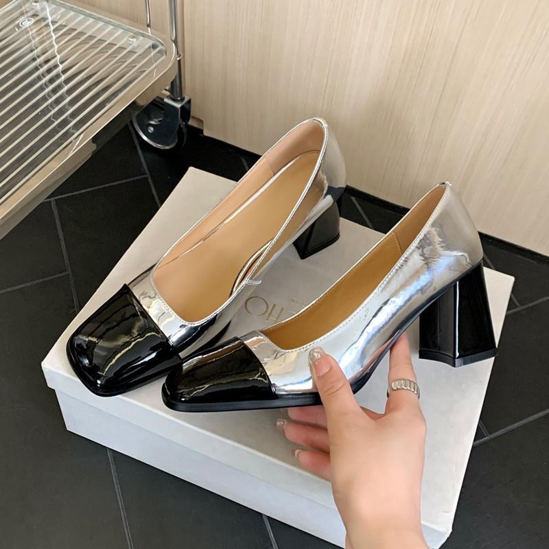 DANDT2023秋季新款時尚拼色粗跟金色單鞋女小香風銀色淺口氣質高跟鞋子(23 AUG SAK) 歐美女鞋