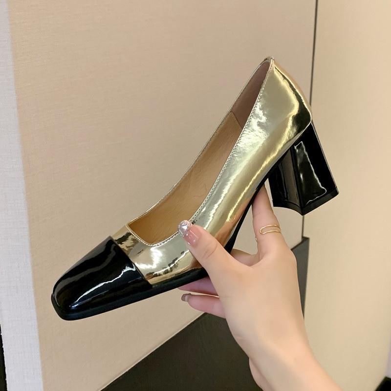 DANDT2023秋季新款時尚拼色粗跟金色單鞋女小香風銀色淺口氣質高跟鞋子(23 AUG SAK) 歐美女鞋
