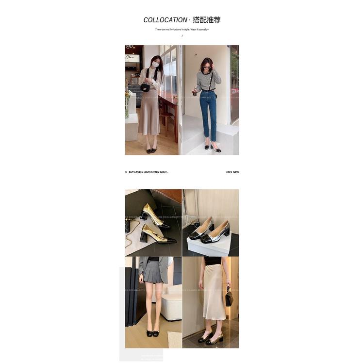 DANDT2023秋季新款時尚拼色粗跟金色單鞋女小香風銀色淺口氣質高跟鞋子(23 AUG SAK) 歐美女鞋