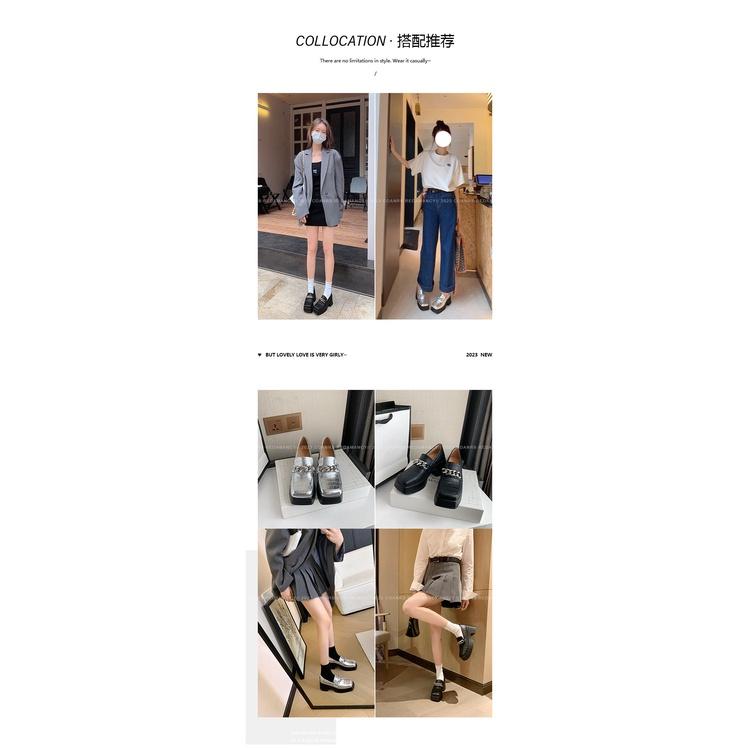 DANDT鏈條方頭厚底小皮鞋學院風牛皮黑色松糕鞋一腳蹬粗跟銀色樂福鞋潮(23 AUG SAK) 歐美女鞋