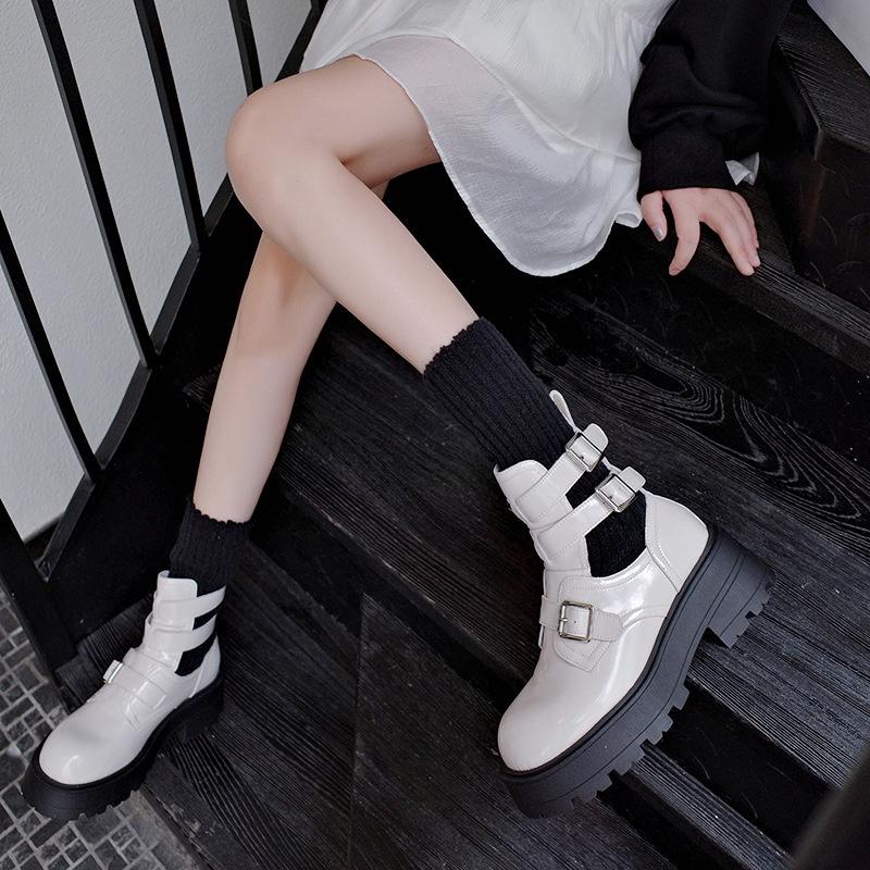 DANDT小個子厚底深口漆皮女四季鞋2023新款小眾休閑風羅馬皮帶扣短靴子(23 AUG SAK) 歐美女鞋
