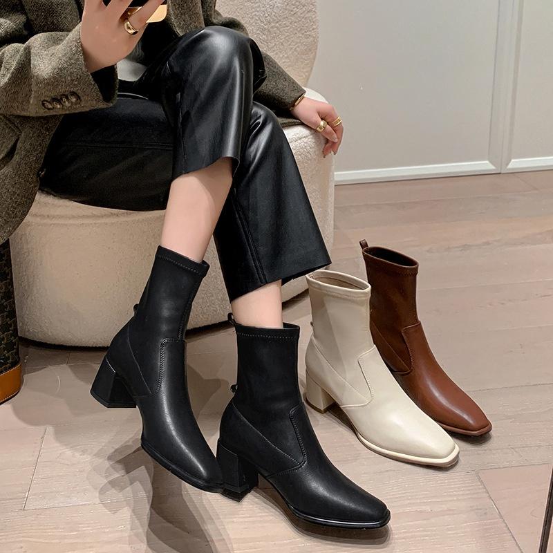 DANDT中筒瘦瘦單靴女秋冬2023時尚氣質方頭彈力短靴軟底高跟韓系小踝靴(23 AUG SAK) 歐美女鞋