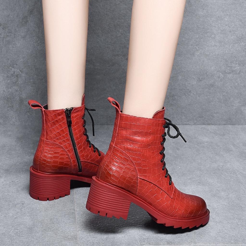 DANDT2023歐洲站新品洋氣真皮馬丁靴女石頭紋壓花牛皮粗跟增高短靴中筒(23 DEC TSU) 歐美女鞋