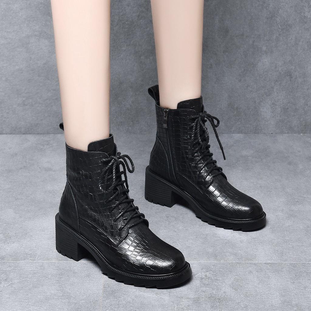 DANDT2023歐洲站新品洋氣真皮馬丁靴女石頭紋壓花牛皮粗跟增高短靴中筒(23 DEC TSU) 歐美女鞋