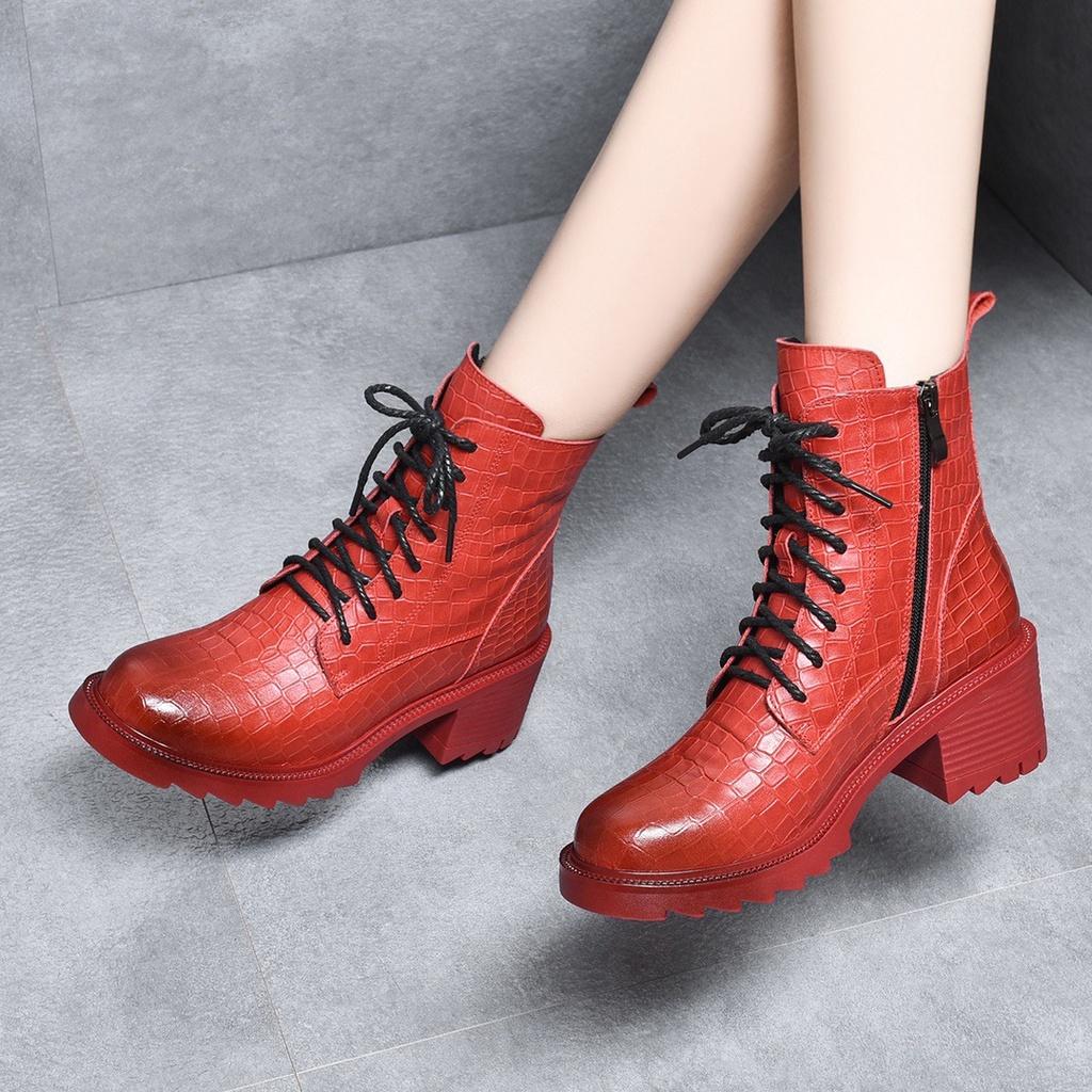 DANDT2023歐洲站新品洋氣真皮馬丁靴女石頭紋壓花牛皮粗跟增高短靴中筒(23 DEC TSU) 歐美女鞋