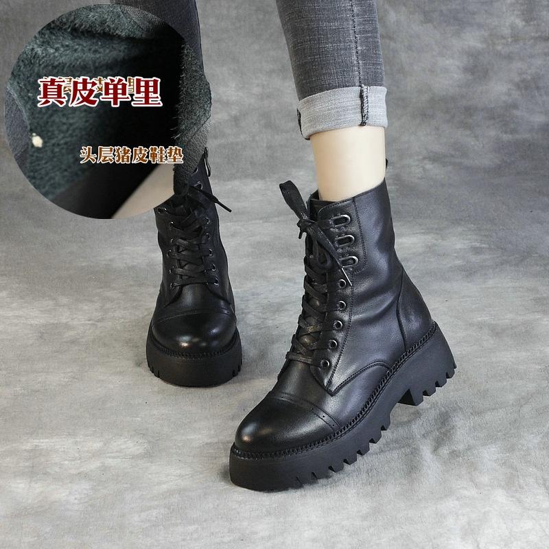 DANDT2022新品真皮馬丁靴女歐洲站女靴高跟粗跟潮靴短靴歐版機車靴顯瘦(23 DEC TSU) 歐美女鞋