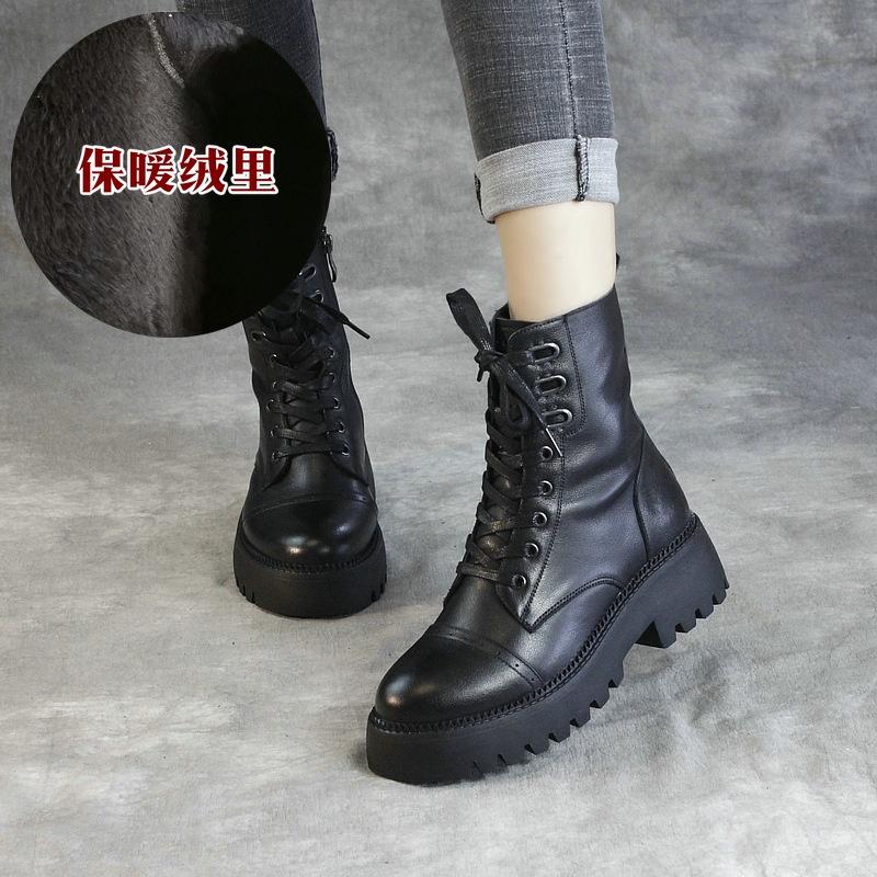 DANDT2022新品真皮馬丁靴女歐洲站女靴高跟粗跟潮靴短靴歐版機車靴顯瘦(23 DEC TSU) 歐美女鞋