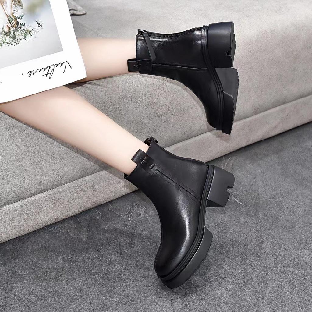 DANDT歐洲站新品2023新品厚底真皮煙筒靴女高跟增高馬丁靴潮時尚皮短靴(23 DEC TSU) 歐美女鞋