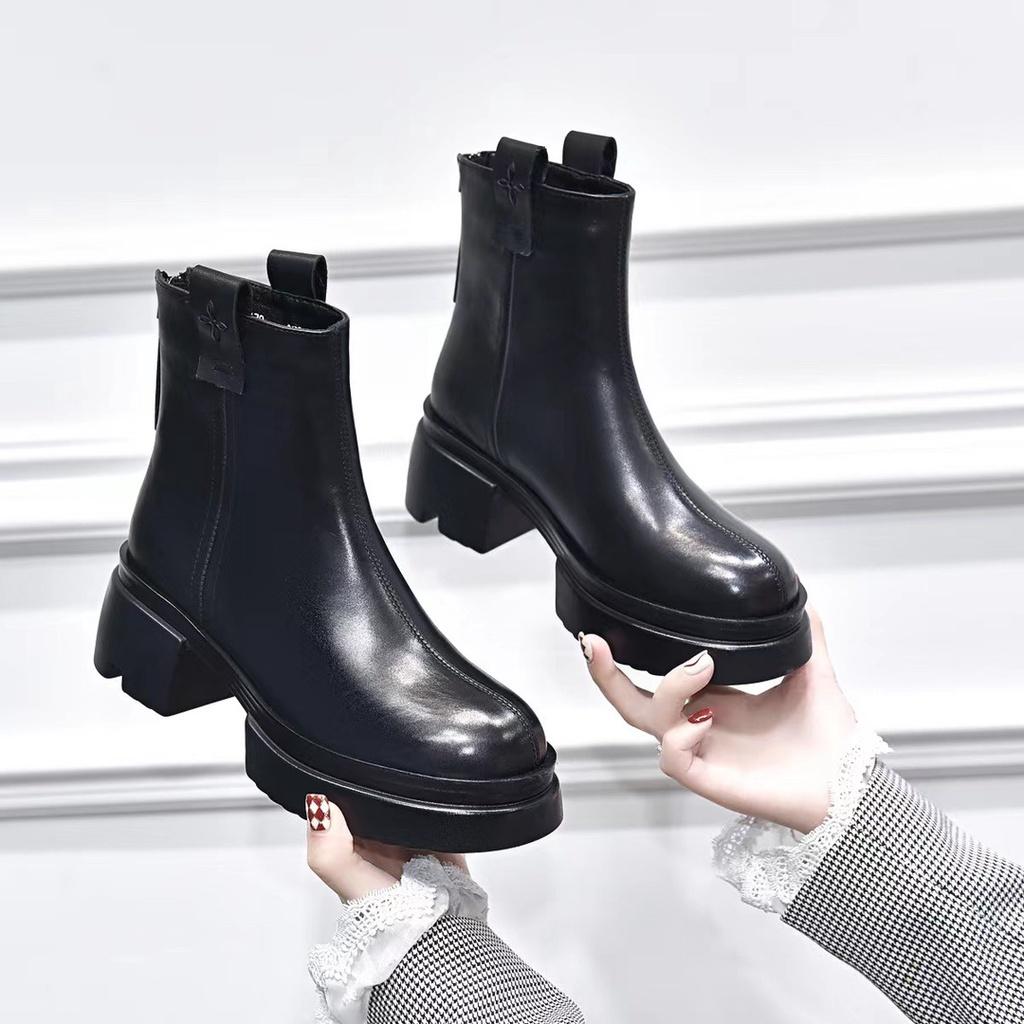 DANDT歐洲站新品2023新品厚底真皮煙筒靴女高跟增高馬丁靴潮時尚皮短靴(23 DEC TSU) 歐美女鞋