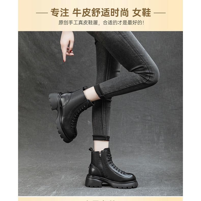 DANDT新品歐美風復古真皮厚底短靴女款粗跟大頭民族風頭層牛皮水台皮靴(23 DEC TSU) 歐美女鞋
