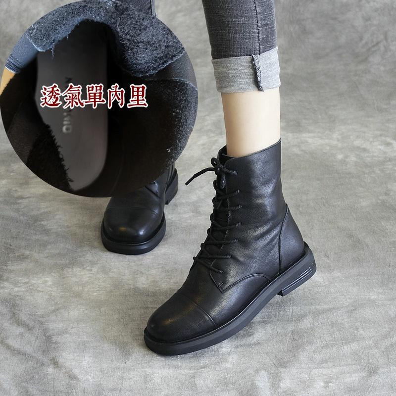 DANDT單靴中筒馬丁靴2023新秋冬單靴手工真皮短靴女靴低跟平底系帶英倫(23 DEC TSU) 歐美女鞋